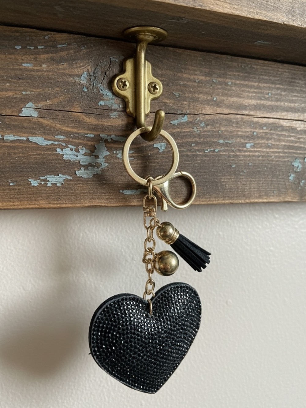 Black Heart 🖤 Crystal Rhinestone Tassel Keychain with Gold Hardware